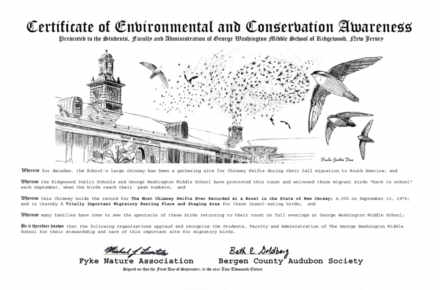 Chimney Swift Certificate presented to GW Middle School, Ridgewood